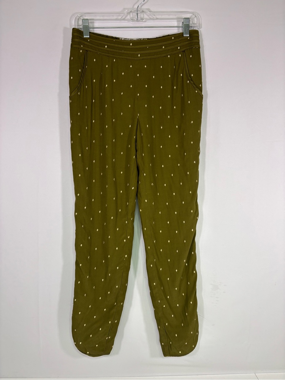Anthropologie Elevenses Olive Green Metallic Dot Tapered Pants Size 2